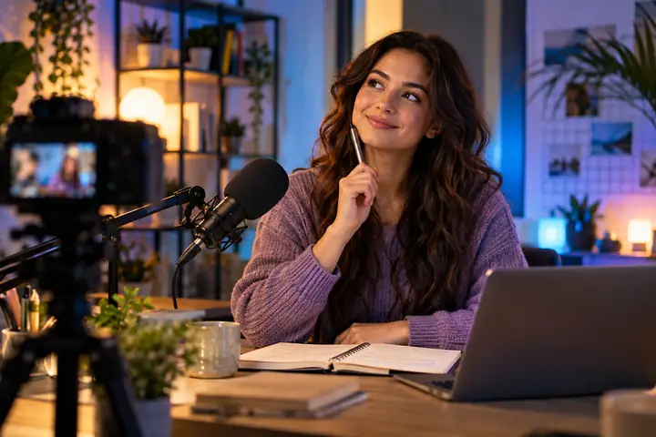 A creator at a microphone planning topics for an online video channel