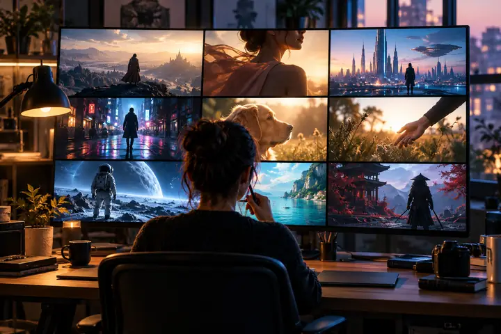 A collection of cinematic visual concepts displayed on a creator's screen
