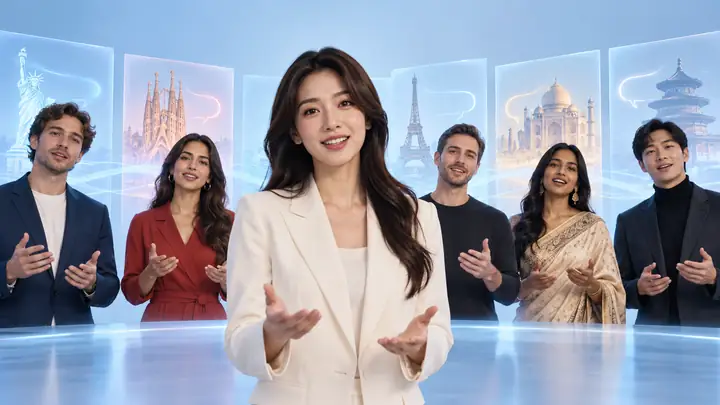 A cinematic row of presenter video frames paired with subtle language symbols against a pale blue studio backdrop